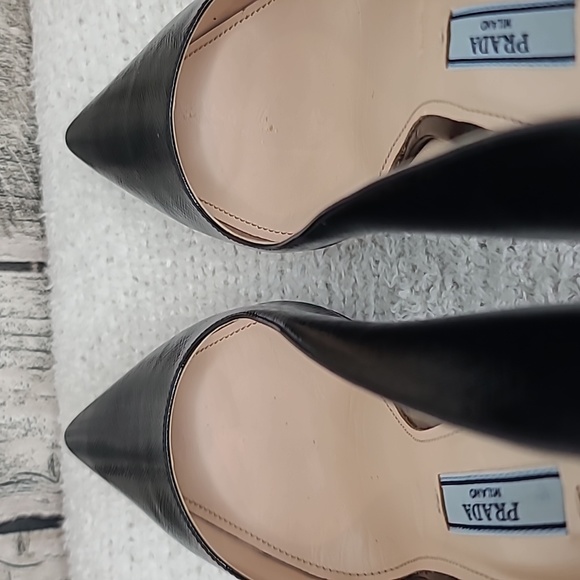 Prada Saffiano Vernice Textured Leather Pointy Toe Stiletto Pumps in Black - Picture 15 of 17